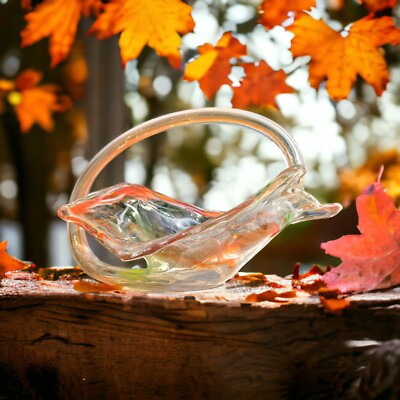 MCM Hand Blown Pulled Art Glass Cornucopia Basket Bowl Handle Orange Swirls Vtg-image