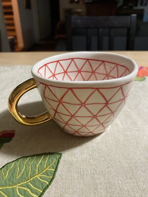 Creative Co-Op Stoneware Mug w/ Red Triangle Design & Gold Handle-image