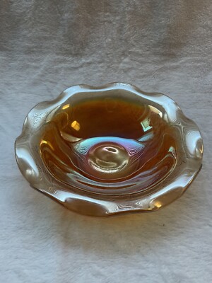 Vintage Jeannette Floragold Marigold Carnival Glass Bowl - Ruffled Leaf De-image