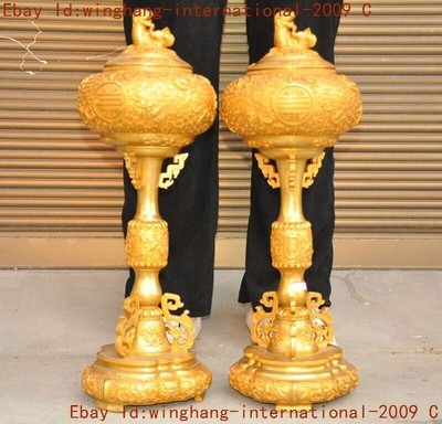 China ancient bronze Gilt Foo Dog lion beast statue Joss Incense burner Censer-image