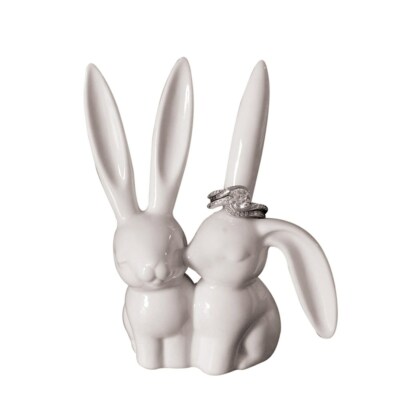 Creative Co-Op White Ceramic Kissing Bunny Bunnies Figurine Ring Holder -image