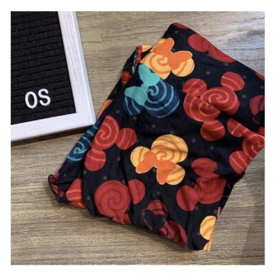 LulaRoe OS Mickey & Minnie Spiral Leggings - Red Teal Orange on Black - NWOT-image