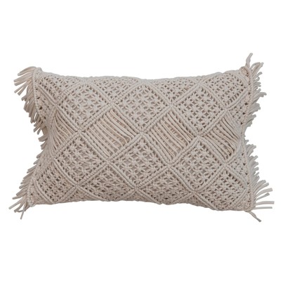 Boho Handwoven Cotton Macramé Lumbar Pillow with Fringe, Ivory-image