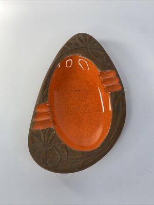 Vintage Mid Century Orange Glazed Pottery Ashtray  MADE IN USA Brown Flower-image