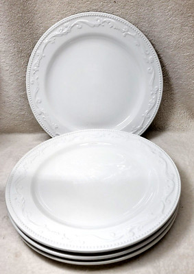 4 Mesa International Dinner Plates White Embossed Dots & Raised Scroll work 12