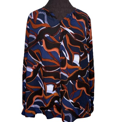 Nine West Blouse Shirt Top Women XL Blue Orange Mid-Century Modern Fall Winter-image
