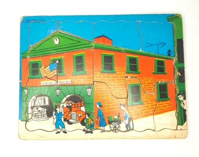 Creative Playthings See Inside Puzzle Firehouse Engine Company Wood Tray Vintage-image