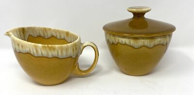 Mid-Century Modern USA Butterscotch Pottery Drip Glaze Cream and Sugar w/ Lid-image