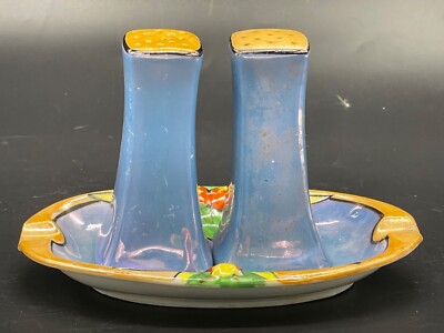 Mid century, blue / orange iridescent, salt/ pepper shakers with tray, Japan-image