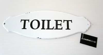 Toilet Sign Creative Co-Op Enameled Enamel Metal White Black Letters New NWT-image