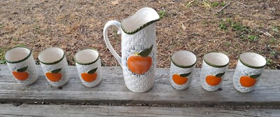MID CENTURY MOD JAPAN CERAMIC BASKET WEAVE 7pc ORANGE JUICE VINTAGE BEVERAGE SET-image