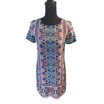 Kachel Anthropologie Silk Printed Boho Short Sleeve Shift Dress-image