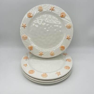 Mesa International S/4 Dinner Plates Orange Seashells Shells 11” Nautical Beach-image