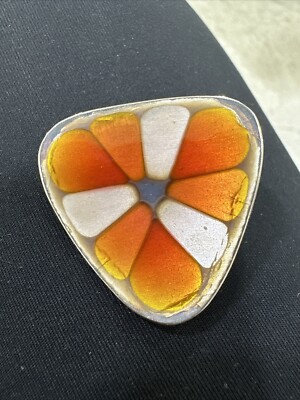Hogan Bolas Brooch Mid Century Modern Bright Enamel Orange & White Flower Summer-image