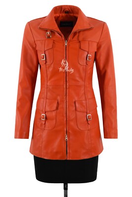 Ladies Zip up Leather Jacket Orange Mid Length Slim Fit Style Casual Jacket Coat-image