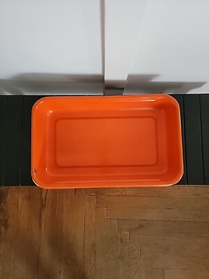 MCM Mid Century Modern Vintage Porcelain Enamel Orange Baking Pan Cake Lasagna-image