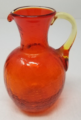 Creamer Pitcher Orange Crackle Glass Mid Century Modern Handmade-image
