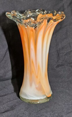 Swirled Glass Vase Mid Century Orange & White Art Glass Hand Blown Limited...-image