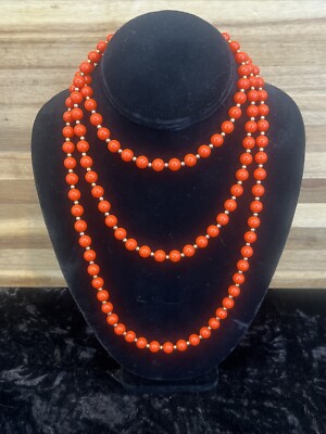Vintage Mid Century Long Orange & Gold Necklace Multiple Ways To Style! 58”-image