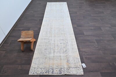 Vintage Turkish Runner Rug 3x11ft Wool Anatolian Handmade Hallway Oushak WHITE-image