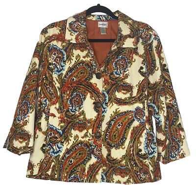 Chicos 2 Orange Paisley Button Front 3/4 Sleeve Jacket Size Large-image