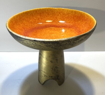 Mid Century Ceramic Pedestal Tray Display Dish Candle Holder Orange Glaze 7”x8”-image