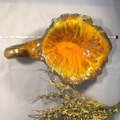 USA Art Mid Century Pottery Volcanic Orange Drip Glaze Cornucopia Fall Decor-image