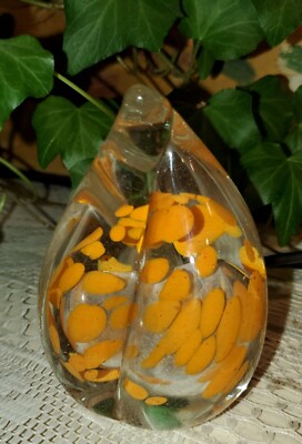 Mid century ORANGE BUBBLE Air Twist Glass Paperweight 4