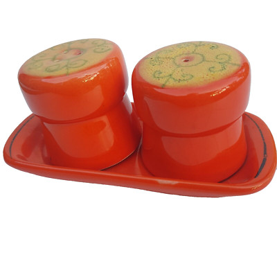 Vintage Salt & Pepper Mid Century Modern Italy Numbered Orange MCM ex Cond +tray-image
