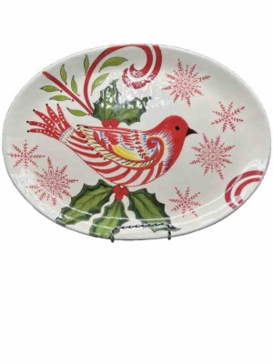 Kate McRostie Creative Co-Op Xmas Red Bird Cardinal Holly Platter 13” By 9.6”-image