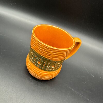 Vintage Coffee Mug Orange Basket Weave Japan Ceramic 1960s Mid Century Retro-image