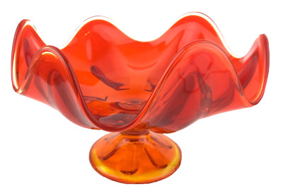 Vintage MCM Viking Amberina Swung Art Glass Pedestal Compote Bowl Orange 1960s-image