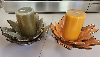 Beautiful Fall Ceramic Leaf 3D Candle Holders with Candles, Green & Orange-image