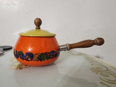 Vtg Mushroom Enamel Pot Orange Yellow Mid-Mod Simmer Pot Wooden Handle Retro 70s-image