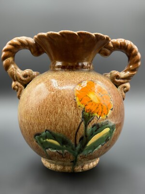 Vintage Drip Glaze Brown Ceramic Handle Vase Orange Flower Design 7” Art Pottery-image