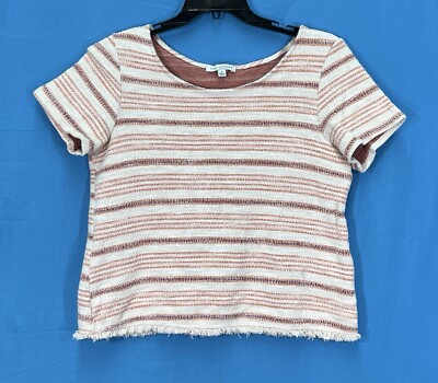 GREEN ENVELOPE Pink/Orange STRIPED Textured MID-WEIGHT KNIT Frayed Hem TOP Sz L-image