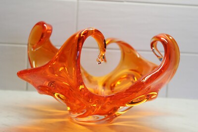 Mid Century Abstract Art Glass Bowl - Art Glass - Orange Bowl - 10 x 6 in tall-image
