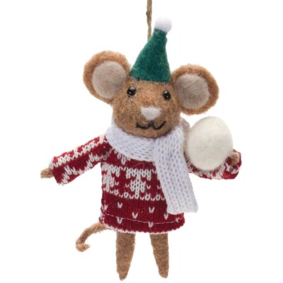 Creative Co-Op Wool Felt Christmas Mouse Snow Ball Boy NEW-image