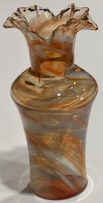 Vintage Art Glass Vase 8.5”T x 4.5”W  Ruffled Edge Swirl Excel. Used Condition-image