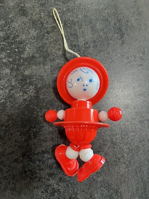 Mid-century Plastic Crib Toy - Roly Poly Child w/Funny Shoes - Bright Red/Orange-image