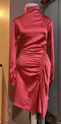 A.L.C. JOSS Dress Mock Neck Satin Ruched Long Sleeve in Hibiscus Sz 0 RV $450.00-image