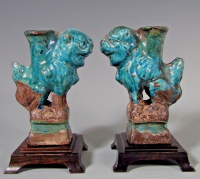 China Pair Turquoise Green Foo Dog Lion Joss Candle Stick Holders 12-13th c.-image
