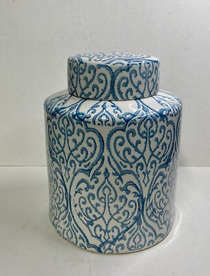 Creative Co-op 10.5” Decorative Blue & White Abstract Ceramic Ginger Jar 8.0” D-image