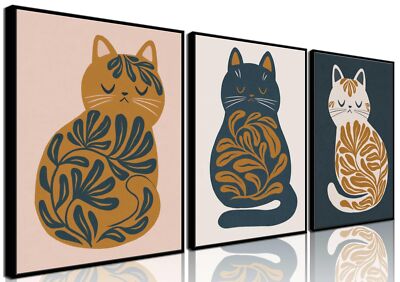 MTLXSBLT 3Pcs Boho Cats Wall Art Cute Mid Century Orange Cat Canvas Wall Deco...-image