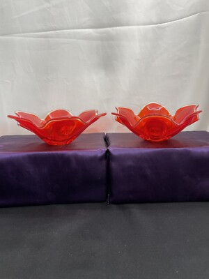 Mid Century Modern Hand Blown Art Glass Ruffled Orange Candlestick Holders VTG-image