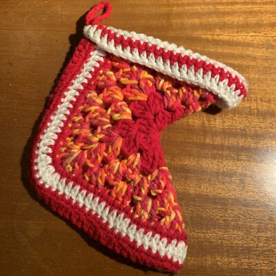 Vintage Hand Crocheted Christmas Stocking~Red Orange White~10”~Country~-image