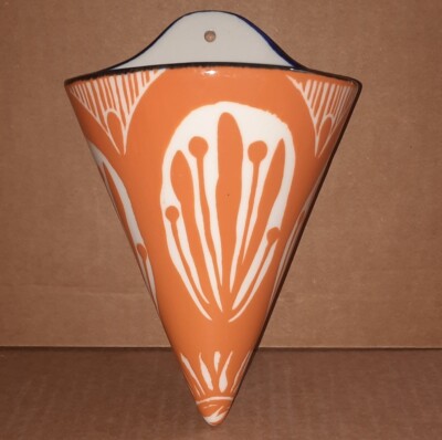 Creative Co-op Stoneware Wall Cone Vase, Wall Pocket, Orange & White-image