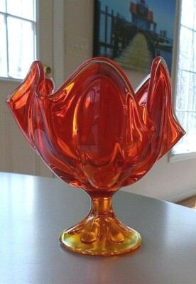 Viking Amberina Art Orange Glass Candy Dish Bowl Pedastal Mid Century Glass-image