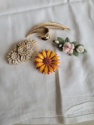 1960s Orange Enamel Flower Brooch Pin Vintage Statement + 3 More Brooches-image