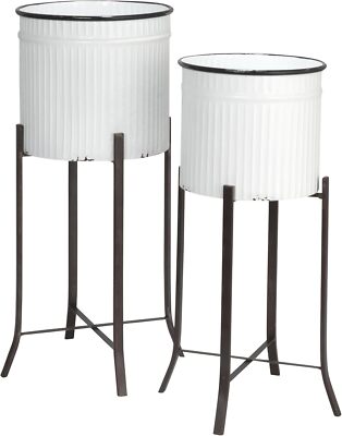 Creative Co-op Round Corrugated Metal Planters on Stands, White and Black, Set o-image